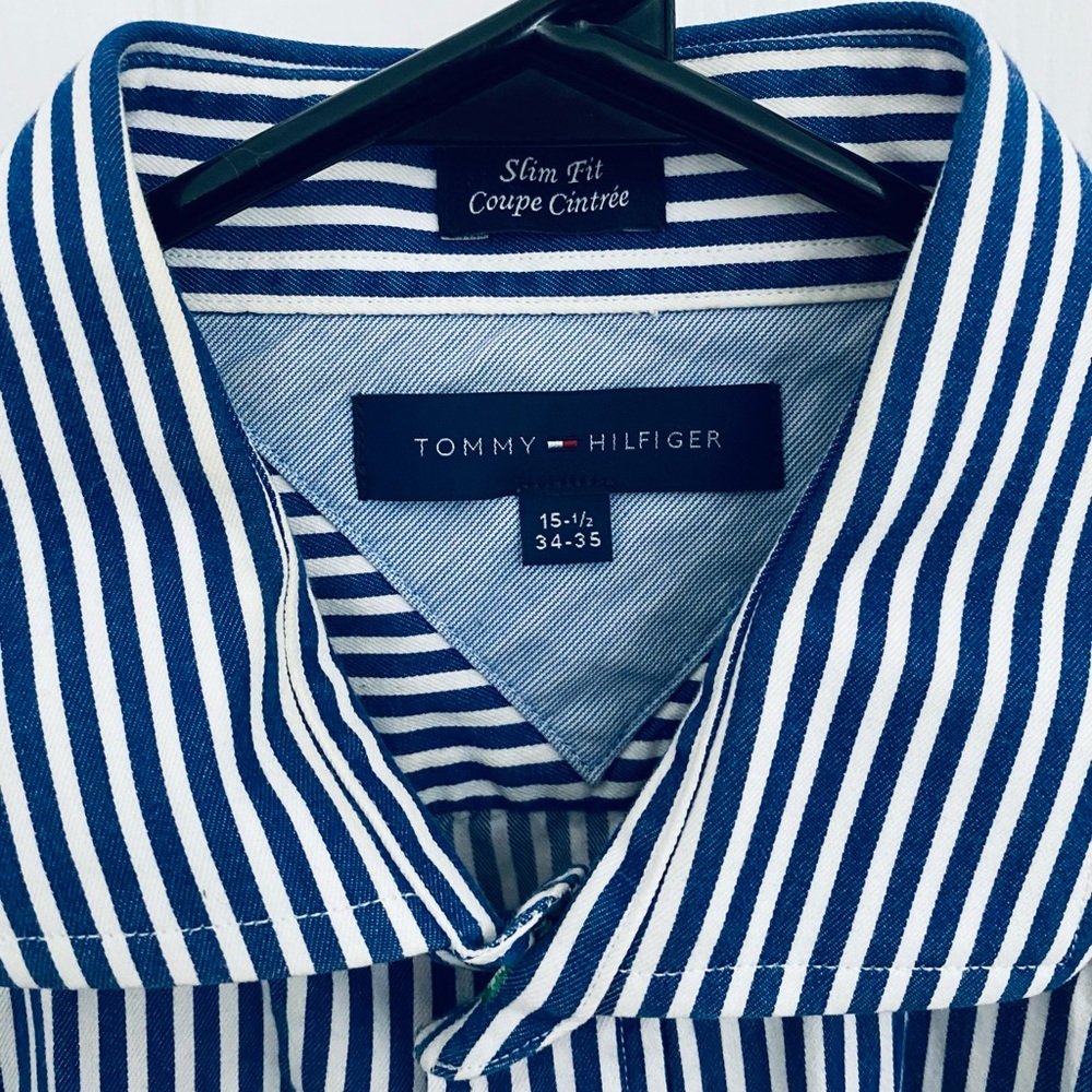 Tommy Hilfiger Men's Blue and White Striped Button-Down Shirt
